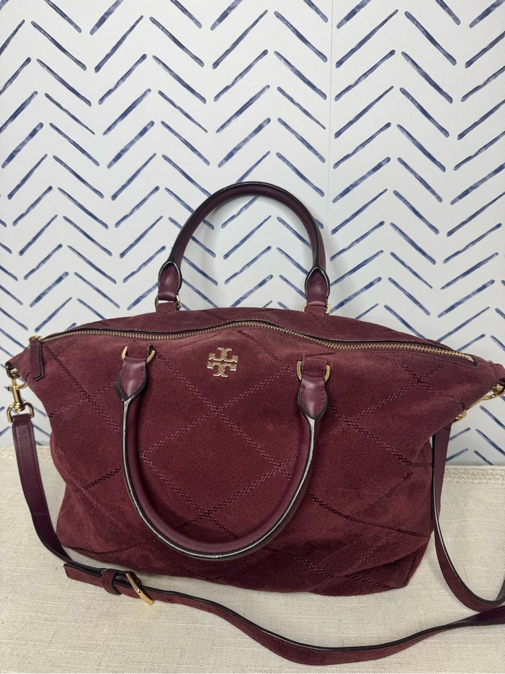 Tory Burch Frida Suede Quilted Satchel Plum maroon -excellent
